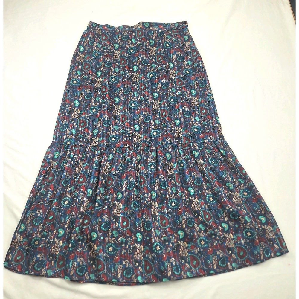 Gerard Darel Paris Blue Paisley Metallic Tiered Maxi Skirt Size 38 Elastic Waist